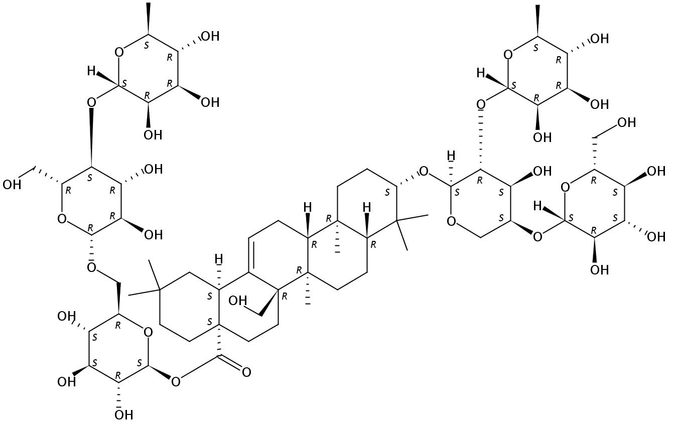 3-O-α-L-rhamnopyranosyl (1→2)[β-D-glucopyranosyl (1→4)]-α-L-arabinopyranosyl-27-hydroxyoleanolic acid 28-O-α-L-rhamnopyranosyl (1→4)-β-D-glucopyranosyl (1→6)-β-D-glucopyranoside