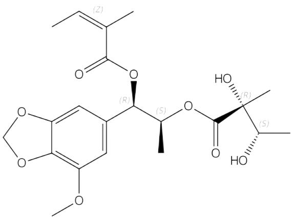 2-​Butenoic acid, 2-​methyl-​, (1R,​2S)​-​2-​[(2R,​3S)​-​2,​3-​dihydroxy-​2-​methyl-​1-​oxobutoxy]​-​1-​(7-​methoxy-​1,​3-​benzodioxol-​5-​yl)​propyl ester, (2Z)​-